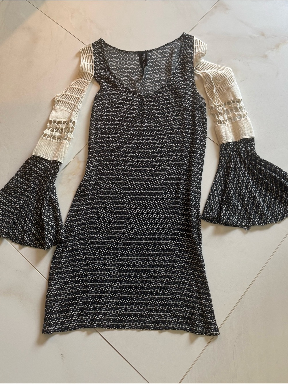 Spell Black viscose Dress with Cream Crochet Bell Sleeves
